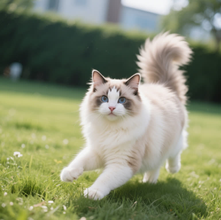 A healthy Ragdoll cat playing on the lawn