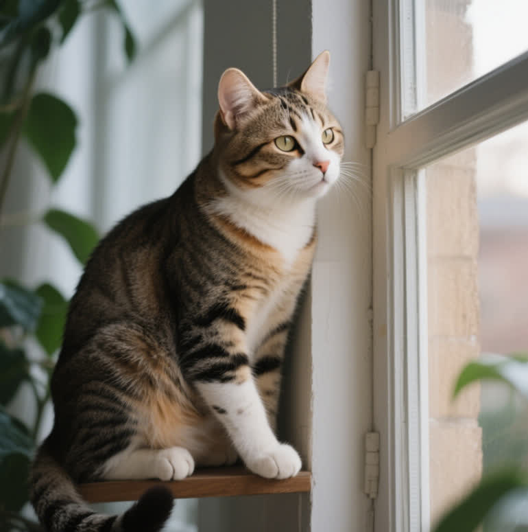 Cat crawls by the window and stares